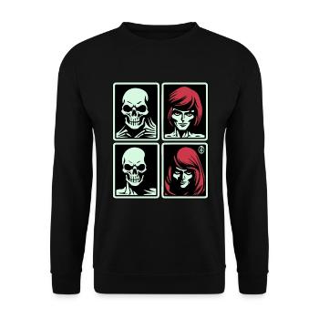 Pop Art Schädel und rote Haare - Unisex Pullover - Schwarz - Vorne - Alina (178cm) & Michal (187cm)