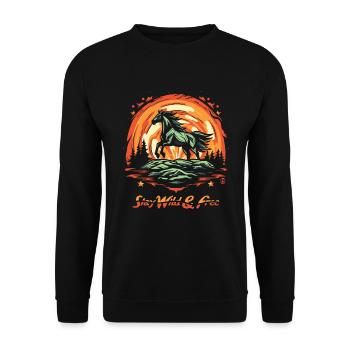 Bleibe wild und frei, Sterne und ein wildes Pferd - Unisex Pullover - Schwarz - Vorne - Alina (178cm) & Michal (187cm)