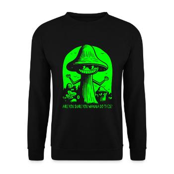 Bist du sicher? Lustige unsichere Cartoon Pilze - Unisex Pullover - Schwarz - Vorne - Alina (178cm) & Michal (187cm)