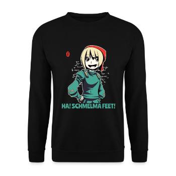 Gaming Heldin Schmelda: "Riech meine Füße" - Unisex Pullover - Schwarz - Vorne - Alina (178cm) & Michal (187cm)