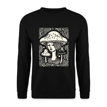 Cartoon-Holzschnitt Pilz Frauen - Unisex Pullover - Schwarz - Vorne - Alina (178cm) & Michal (187cm)