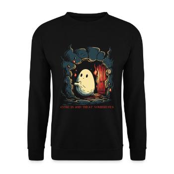 Kommt herein und gönnt euch, der kleine Geist - Unisex Pullover - Schwarz - Vorne - Alina (178cm) & Michal (187cm)