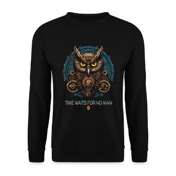 Eulen-Uhr: Zeit wartet auf niemanden - Unisex Pullover - Schwarz - Vorne - Alina (178cm) & Michal (187cm)