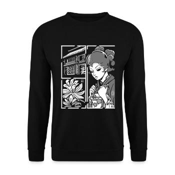 Cartoon Manga Stil: Japanisches Leben einer Geisha - Unisex Pullover - Schwarz - Vorne - Alina (178cm) & Michal (187cm)