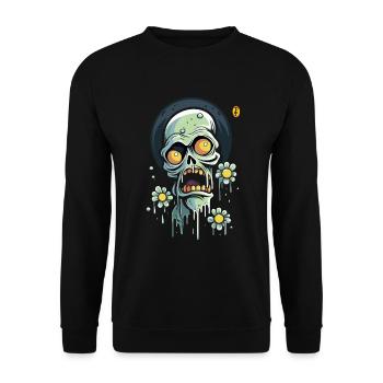 Blumen Power und ein erschrockener Schädel - Unisex Pullover - Schwarz - Vorne - Alina (178cm) & Michal (187cm)