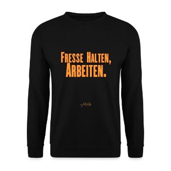 Fresse halten, Arbeiten - Unisex Pullover - Schwarz - Vorne - Alina (178cm) & Michal (187cm)