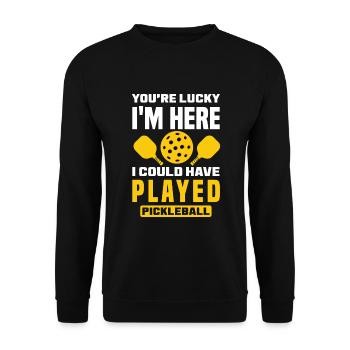 Lustiges Pickleball Geschenk - Unisex Pullover - Schwarz - Vorne - Alina (178cm) & Michal (187cm)