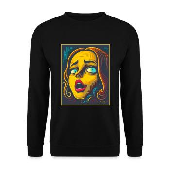 Holzschnitt-Cartoon der Angst - Unisex Pullover - Schwarz - Vorne - Alina (178cm) & Michal (187cm)