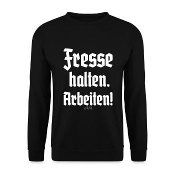 Handwerker-Spruch: Fresse halten und Arbeiten - Unisex Pullover - Schwarz - Vorne - Alina (178cm) & Michal (187cm)