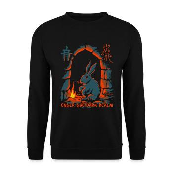 Komm in die Kerker Hölle des Horror Hasen - Unisex Pullover - Schwarz - Vorne - Alina (178cm) & Michal (187cm)