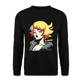 Popfarbene Anime-Girl: So aufgeregt Frau - Unisex Pullover - Schwarz - Vorne - Alina (178cm) & Michal (187cm)