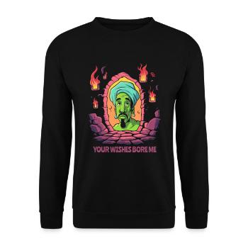 Der gelangweilte Flaschengeist im Kerker - Unisex Pullover - Schwarz - Vorne - Alina (178cm) & Michal (187cm)