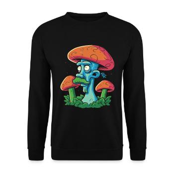 Pilzmann mit Schnurrbart, Pilze sammeln im Wald - Unisex Pullover - Schwarz - Vorne - Alina (178cm) & Michal (187cm)