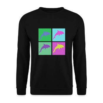 Bunte Delfine im Pop-Art Stil - Unisex Pullover - Schwarz - Vorne - Alina (178cm) & Michal (187cm)
