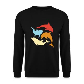Bunte Delfine Kreisel Meer Motiv - Unisex Pullover - Schwarz - Vorne - Alina (178cm) & Michal (187cm)