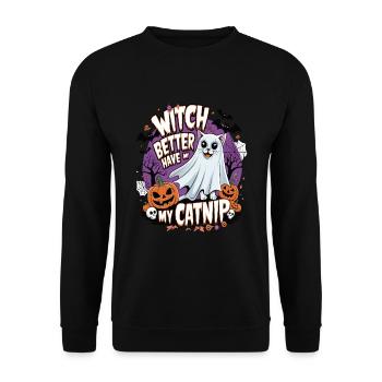 Halloween Cat Forget Candy Give Me A Cat - Unisex Pullover - Schwarz - Vorne - Alina (178cm) & Michal (187cm)