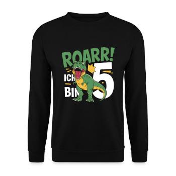 5. Geburtstag 5 Jahre Dino Dinosaurier Fan - Unisex Pullover - Schwarz - Vorne - Alina (178cm) & Michal (187cm)
