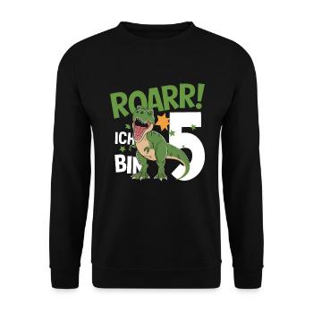 5. Geburtstag 5 Jahre Dino Dinosaurier Fan - Unisex Pullover - Schwarz - Vorne - Alina (178cm) & Michal (187cm)