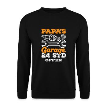 Papa's Garage 24 Std. Offen - Unisex Pullover - Schwarz - Vorne - Alina (178cm) & Michal (187cm)