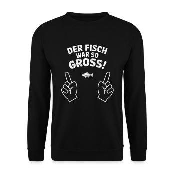 Der Fisch war so groß – Lustiges Angelshirt - Unisex Pullover - Schwarz - Vorne - Alina (178cm) & Michal (187cm)