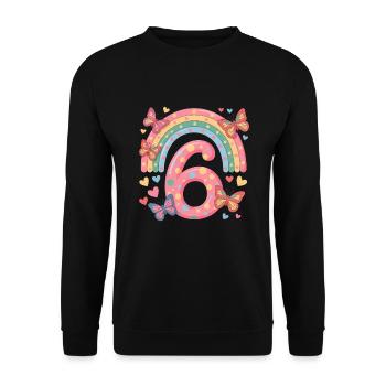 Regenbogen Schmetterling 6. Geburtstag Mädchen - Unisex Pullover - Schwarz - Vorne - Alina (178cm) & Michal (187cm)