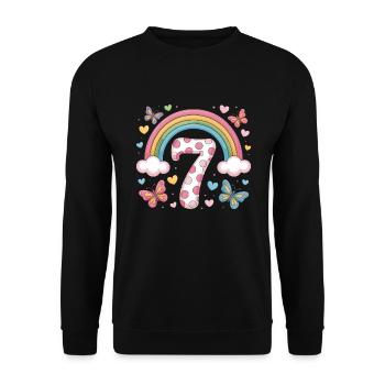 Regenbogen Schmetterling 7. Geburtstag Mädchen - Unisex Pullover - Schwarz - Vorne - Alina (178cm) & Michal (187cm)