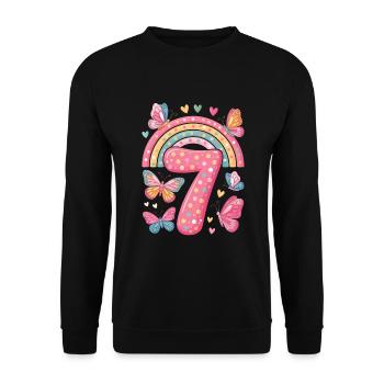 Regenbogen Schmetterling 7. Geburtstag Mädchen - Unisex Pullover - Schwarz - Vorne - Alina (178cm) & Michal (187cm)