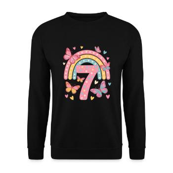 Regenbogen Schmetterling 7. Geburtstag Mädchen - Unisex Pullover - Schwarz - Vorne - Alina (178cm) & Michal (187cm)