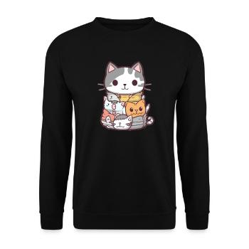 Katze - Kawaii Style - Unisex Pullover - Schwarz - Vorne - Alina (178cm) & Michal (187cm)