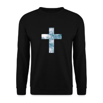 Christliches Kreuz mit Sonnenuntergang - Unisex Pullover - Schwarz - Vorne - Alina (178cm) & Michal (187cm)