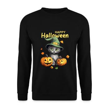 Kleine Katze mit grünem Hexenhut feiert Halloween - Unisex Pullover - Schwarz - Vorne - Alina (178cm) & Michal (187cm)