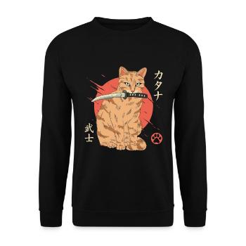 Cat with Katana Japan Cat Lovers - Unisex Sweatshirt - black - Front - Alina (178cm) & Michal (187cm)