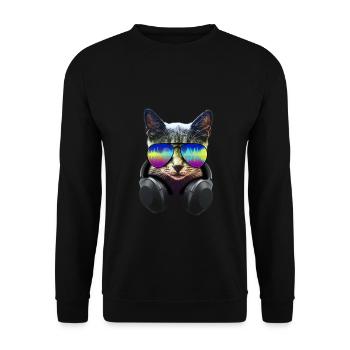 Katze mit Kopfhörer und cooler Sonnen Brille - Unisex Pullover - Schwarz - Vorne - Alina (178cm) & Michal (187cm)