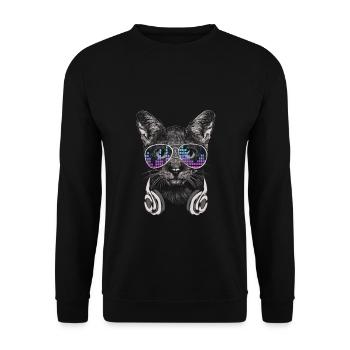 Katze mit Kopfhörer und cooler Sonnen Brille - Unisex Pullover - Schwarz - Vorne - Alina (178cm) & Michal (187cm)