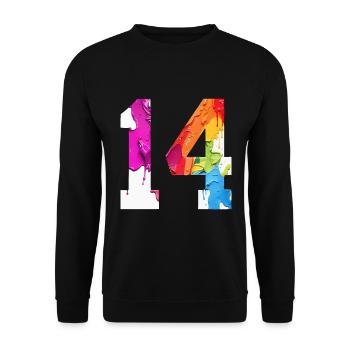 FARBIG NUMMER 14 BUNT 14. GEBURTSTAG - Unisex Pullover - Schwarz - Vorne - Alina (178cm) & Michal (187cm)