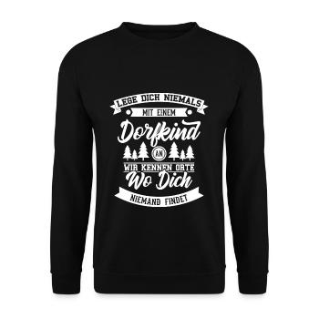 Dorfkind Lustiger Spruch - Unisex Pullover - Schwarz - Vorne - Alina (178cm) & Michal (187cm)