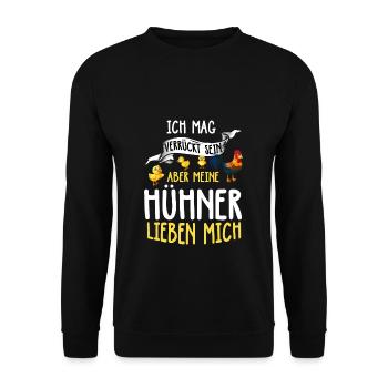 Ich mag verrückt sein aber meine Hühner lieben es - Unisex Pullover - Schwarz - Vorne - Alina (178cm) & Michal (187cm)