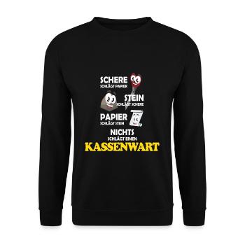 Schere Stein Kassenwart lustiger Spruch - Unisex Pullover - Schwarz - Vorne - Alina (178cm) & Michal (187cm)