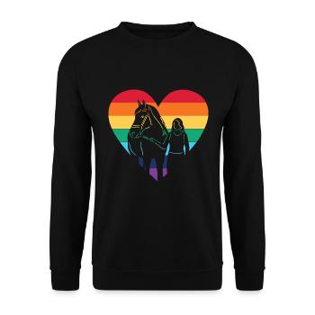 Herz Regenbogen Flage mit Pferd / Gay, Lesbisch - Unisex Pullover - Schwarz - Vorne - Alina (178cm) & Michal (187cm)