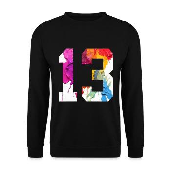FARBIG NUMMER 13 BUNT 13. GEBURTSTAG - Unisex Pullover - Schwarz - Vorne - Alina (178cm) & Michal (187cm)