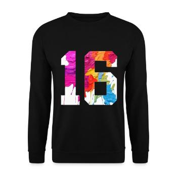 FARBIG NUMMER 16 BUNT 16. GEBURTSTAG - Unisex Pullover - Schwarz - Vorne - Alina (178cm) & Michal (187cm)