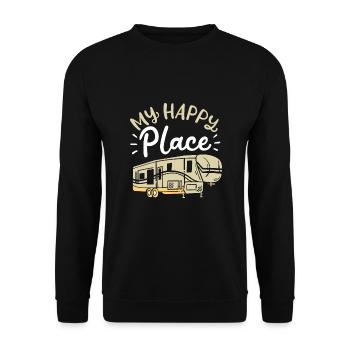 mein glücklicher Ort / Camping, RV Wohnmobil, Zelt - Unisex Pullover - Schwarz - Vorne - Alina (178cm) & Michal (187cm)