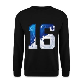 NR. 16 NUMMER 16 BLAU WEIß 16. GEBURTSTAG - Unisex Pullover - Schwarz - Vorne - Alina (178cm) & Michal (187cm)