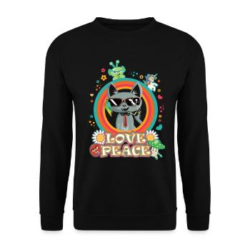 Love and Peace Katze - cooles Hippie Design - Unisex Pullover - Schwarz - Vorne - Alina (178cm) & Michal (187cm)