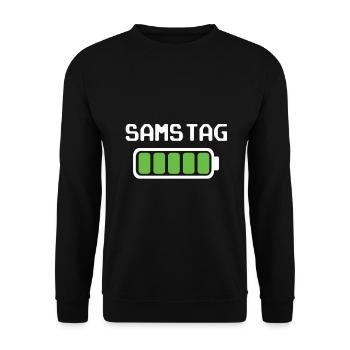 Samstag Akku voll geladen - Akkustand - Unisex Pullover - Schwarz - Vorne - Alina (178cm) & Michal (187cm)