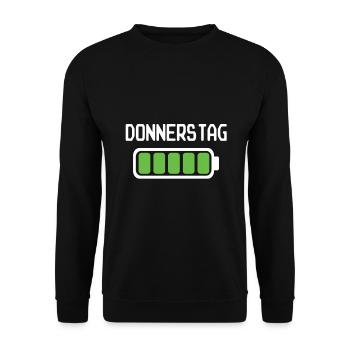Donnerstag Akku voll geladen - Akkustand - Unisex Pullover - Schwarz - Vorne - Alina (178cm) & Michal (187cm)