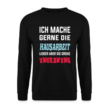 Ich mache gerne Unordnung - Humorvolles Design - Unisex Pullover - Schwarz - Vorne - Alina (178cm) & Michal (187cm)