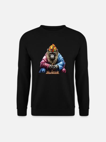 Schimpanse beim Schachspiel Kunst, Affe Schach - Unisex Pullover - Schwarz
