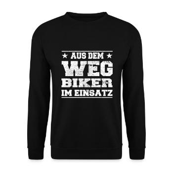 Out of the Way Biker in Action Design - Unisex Sweatshirt - black - Front - Alina (178cm) & Michal (187cm)