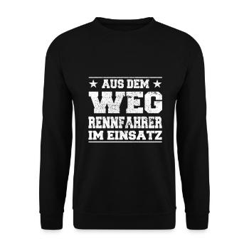 Aus dem Weg Rennfahrer im Einsatz Design - Unisex Pullover - Schwarz - Vorne - Alina (178cm) & Michal (187cm)